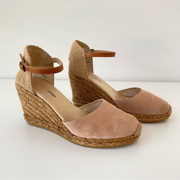 Kurt Geiger Wedge Heel Ankle Strap Dusty Pink Suede Espadrilles Size 38/7.5 GUC - Picture 1 of 13